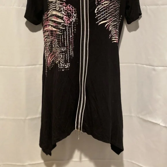 Black Sequin Chiffon Hoodie Zip Front Tunic Handkerchief Hem